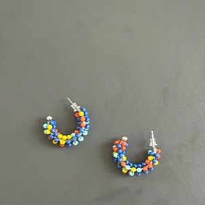 Multicolor Beaded Hoop Earrings - Vibrant Blue, Yellow & Red